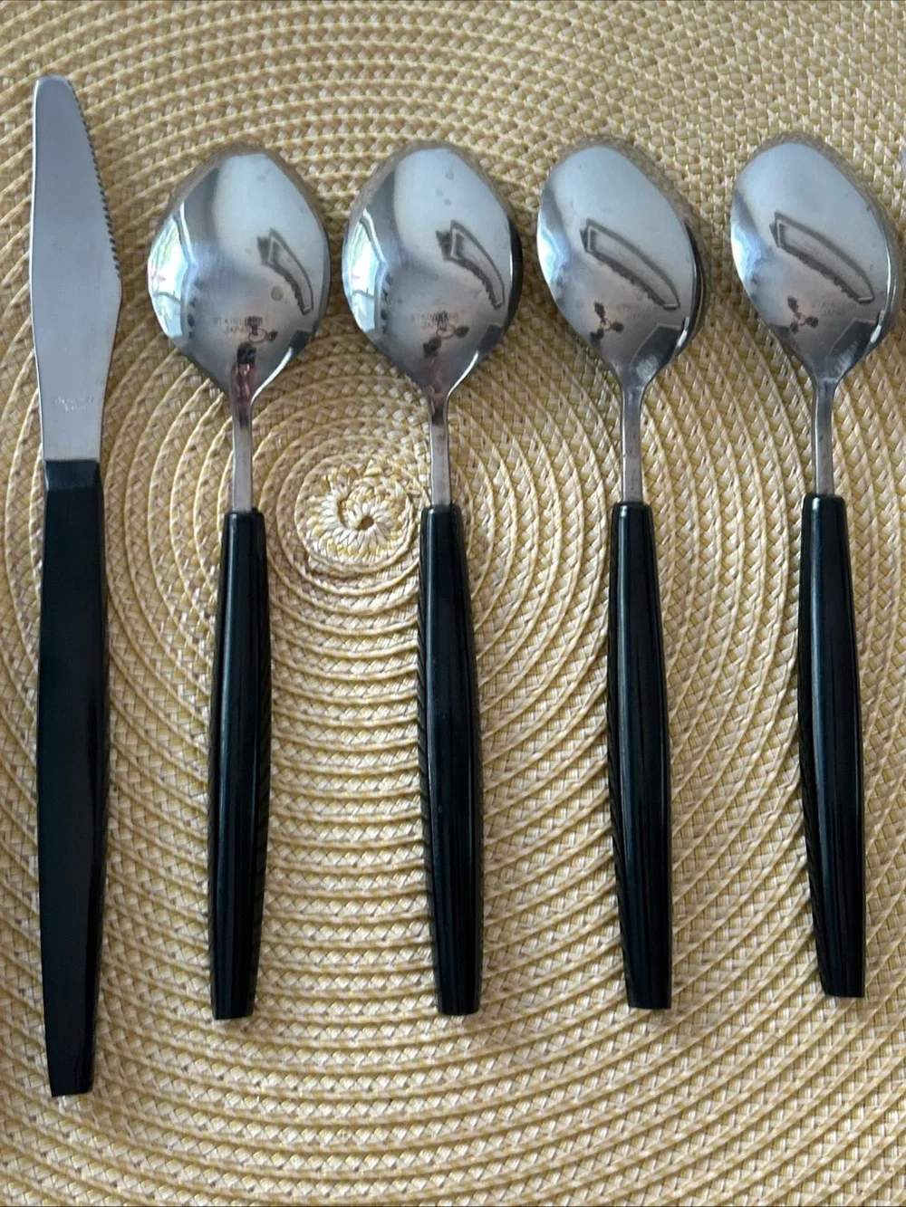 VTG Lifetime Cutlery Japan 15 pc Bamboo Inset Black Handle 7Spoons4Knives4Forks